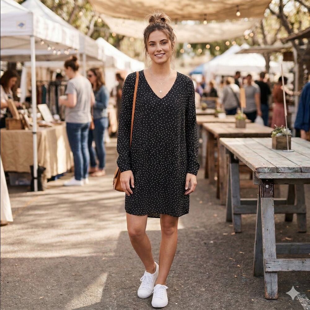 Madewell Black Star Print Silk Long Sleeve Shift Dress Medium